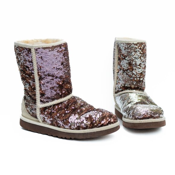 UGG Classic Short Copper/Silver Sparkle Boots Womens 7 Genuine Sheepskin Lining - Picture 1 of 14
